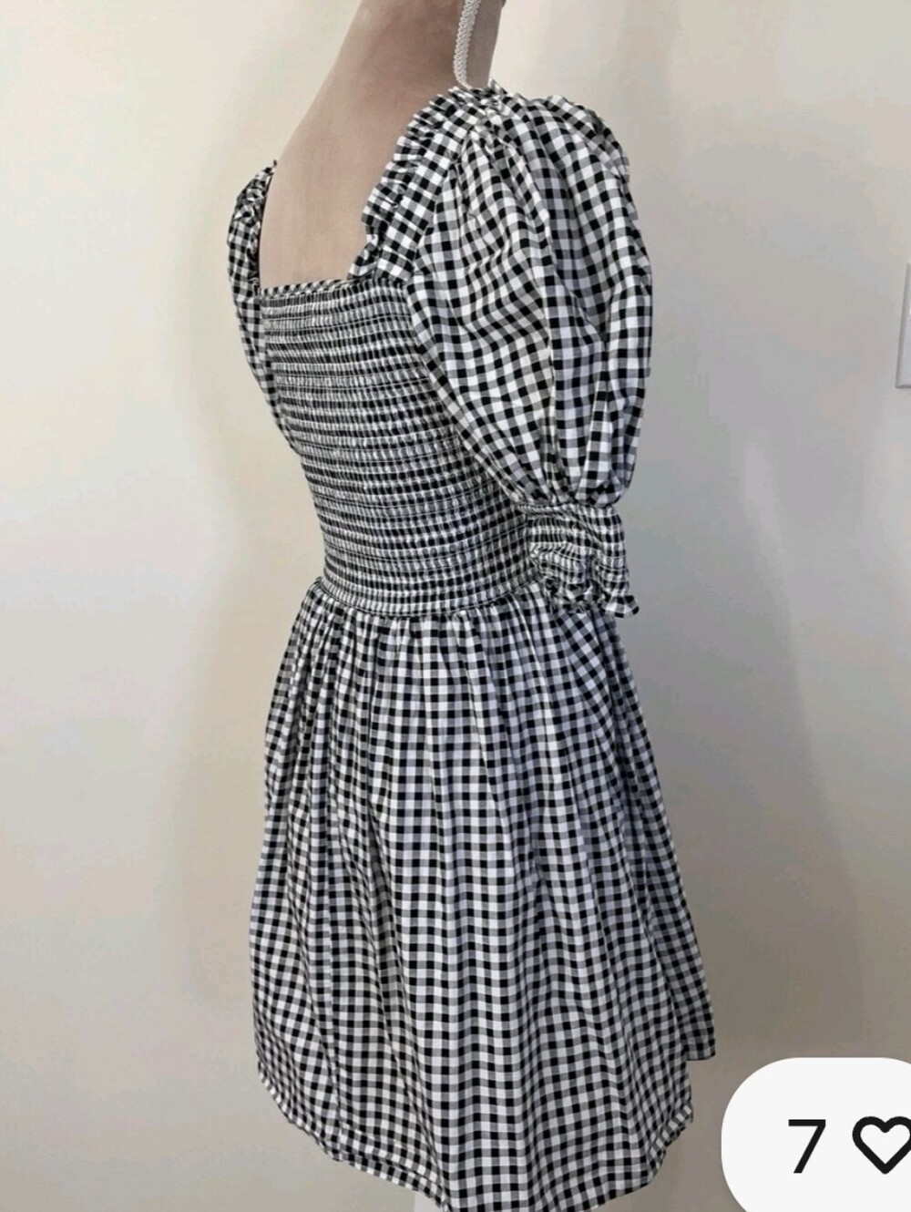 Gingham Dress BLACK WHITE mini Puff Sleeves BABY DOLL FIT & FLARE Smocked Top M - Picture 4 of 8